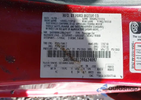 2009 Mercury Milan V6 Premier from USA, damaged, VIN 3MEHM08139R624097